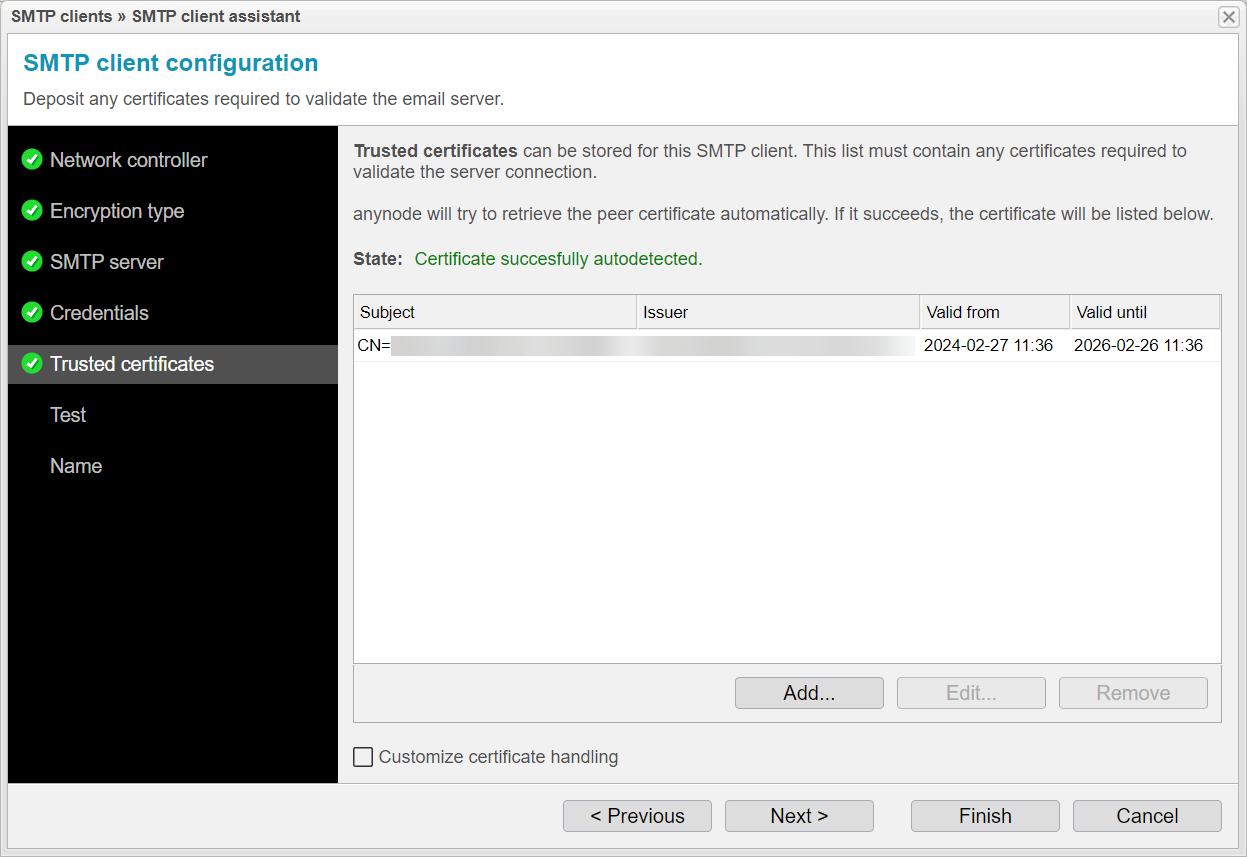 Screenshot: anynode SMTP client assistant with trusted certificates settings.