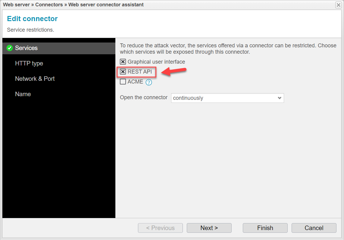 Screenshot: anynode web server connector assistant with service restrictions. 