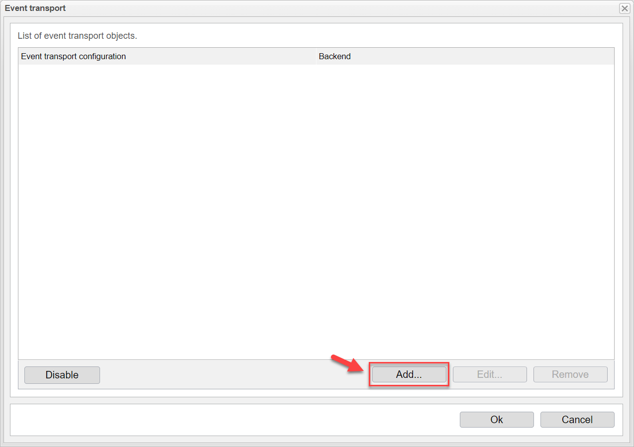 Screenshot: anynode with list of event transport objects and add function.