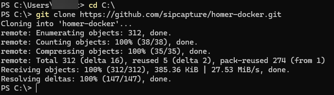 Screenshot: Cloning the official Homer Docker repository using Git for Windows in PowerShell.