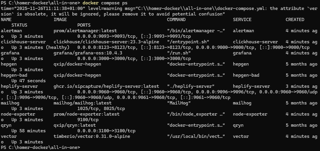 Screenshot: Docker compose service overview in PowerShell showing all running containers of the Homer all-in-one stack on Windows