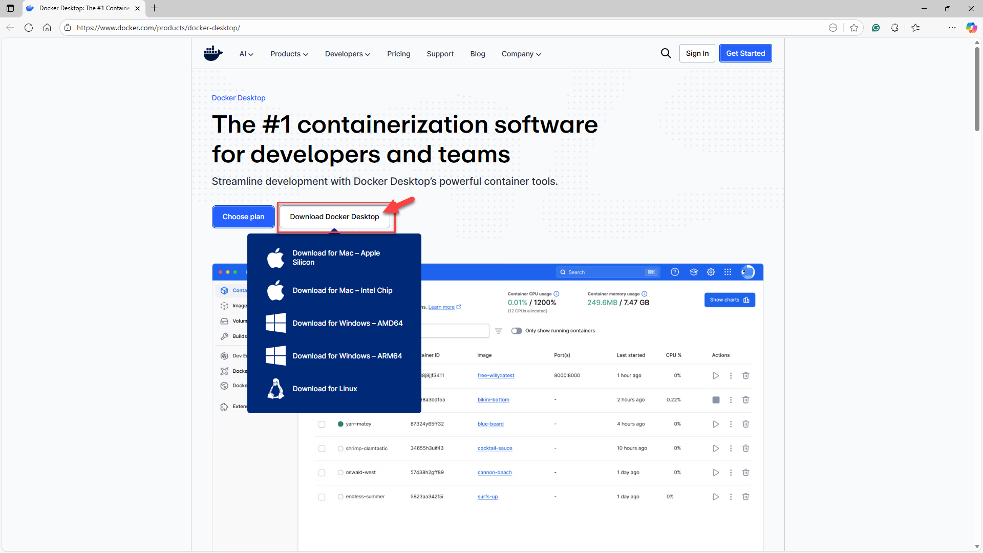 Screenshot: Docker desktop download page.