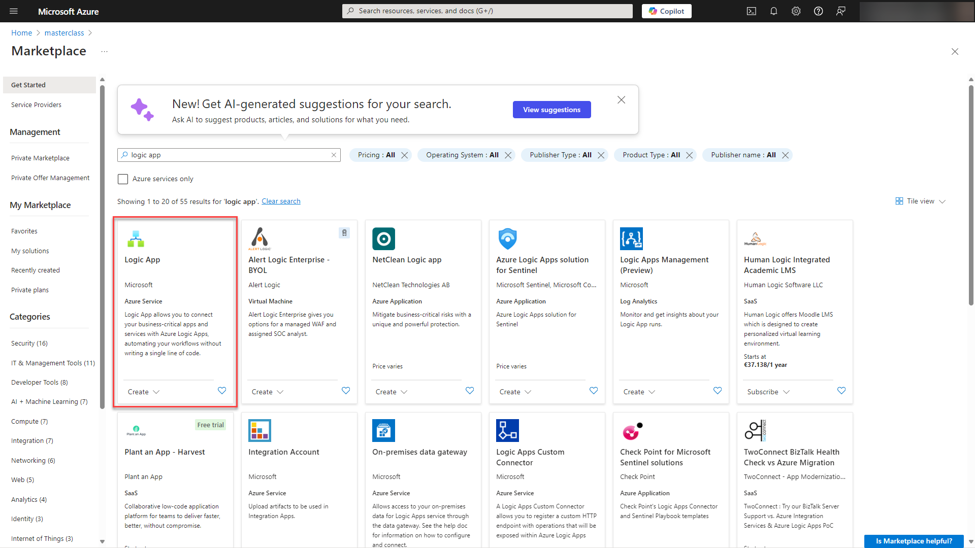 Screenshot: Microsoft Azure Marketplace overview with Logic App. 