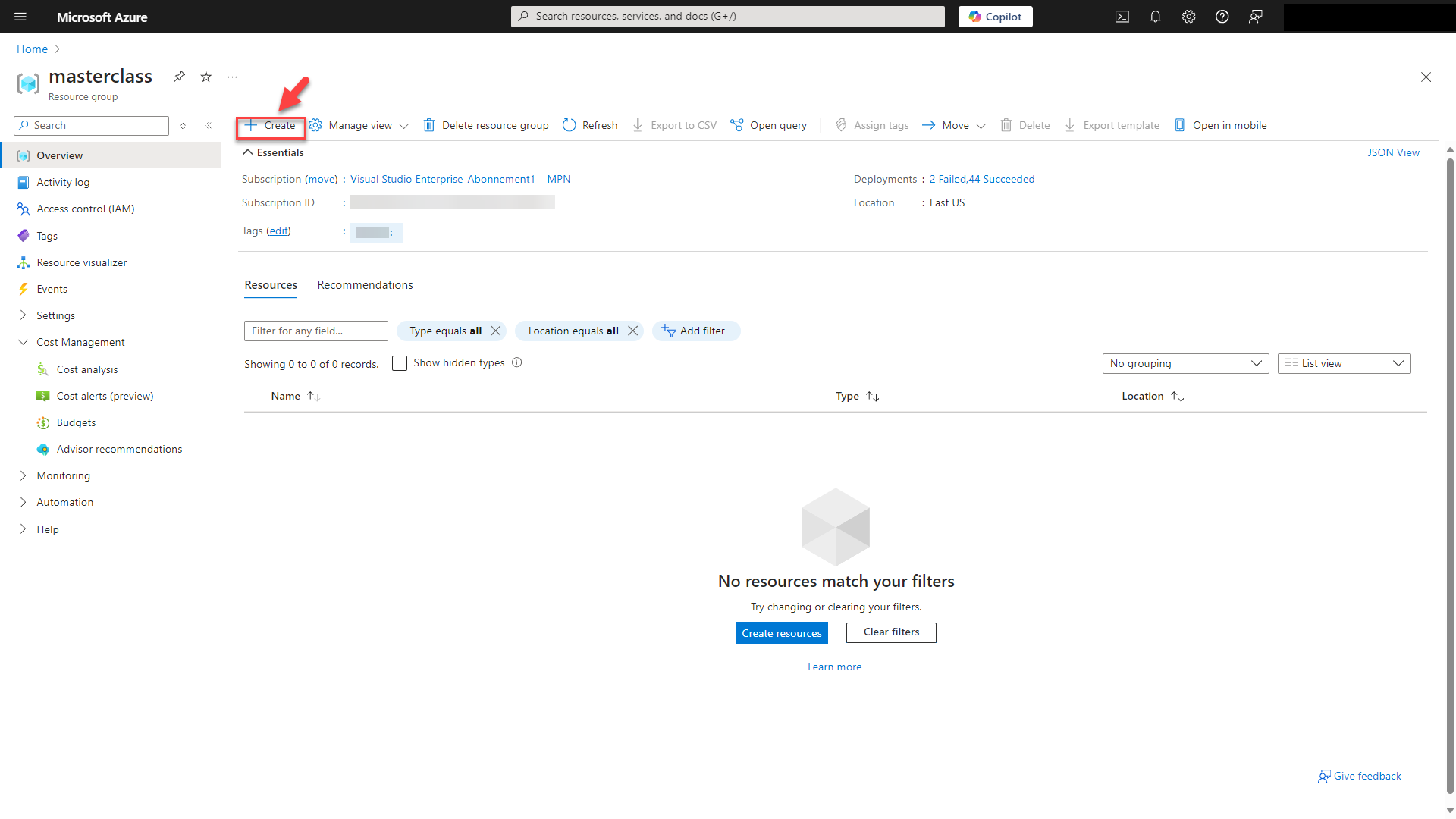 Screenshot: Microsoft Azure resource group with create resources function. 