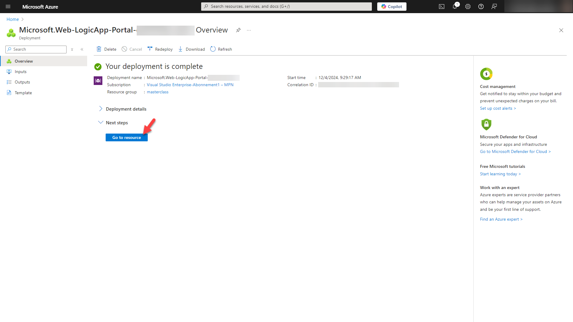 Screenshot: Microsoft Azure with created Logic App and go to resource button. 