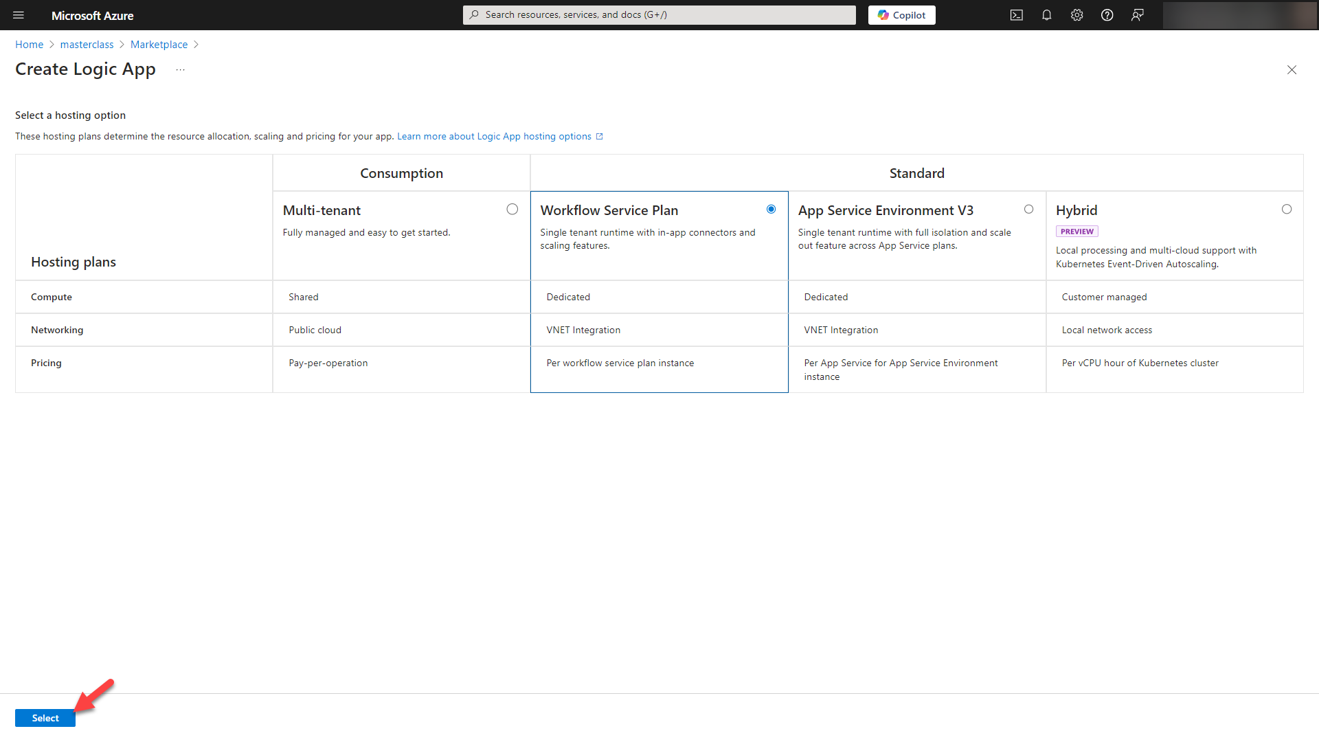 Screenshot: Microsoft Azure with Logic App and hosting options. 