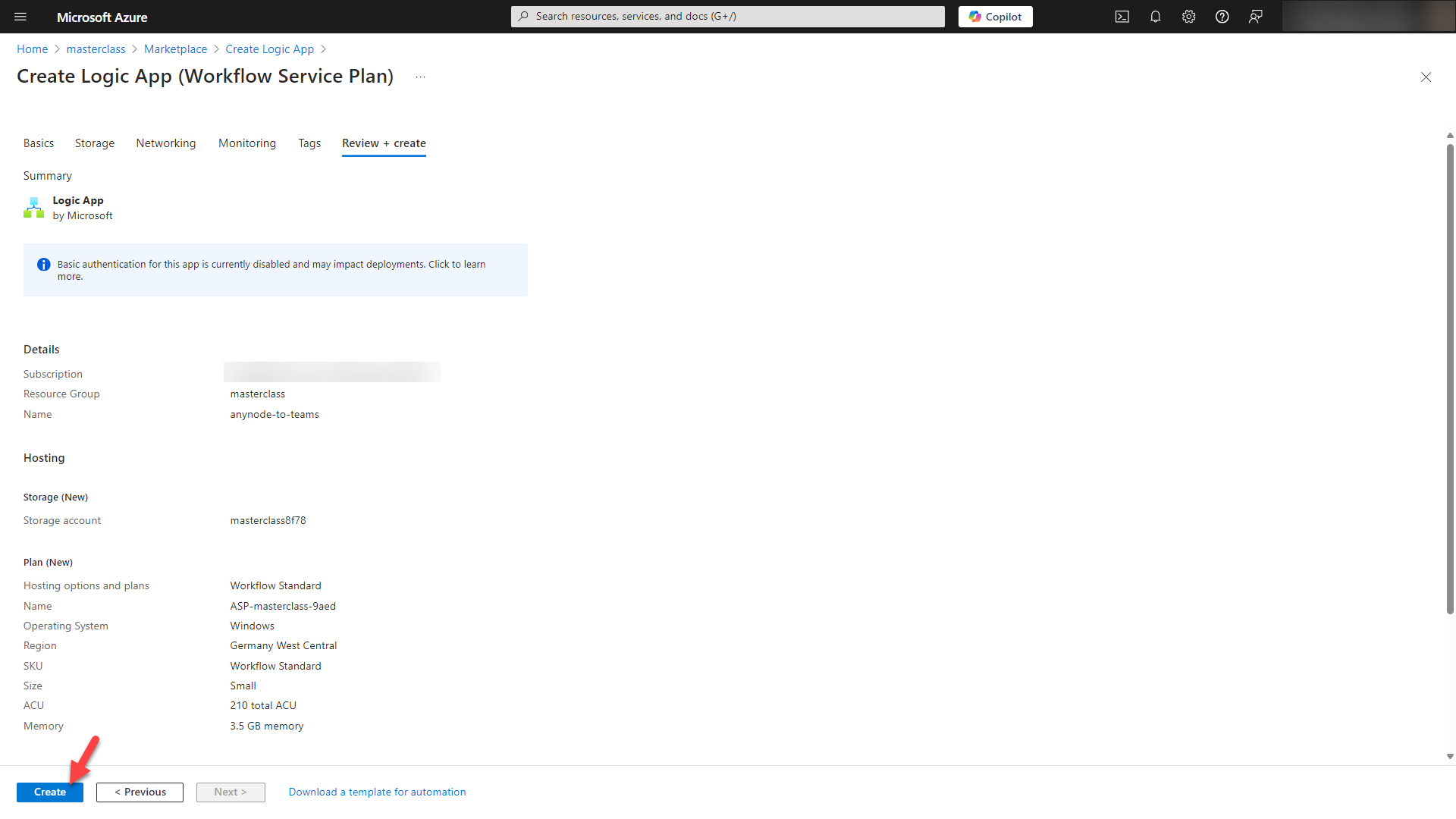 Screenshot: Microsoft Azure with Logic App and review details. 