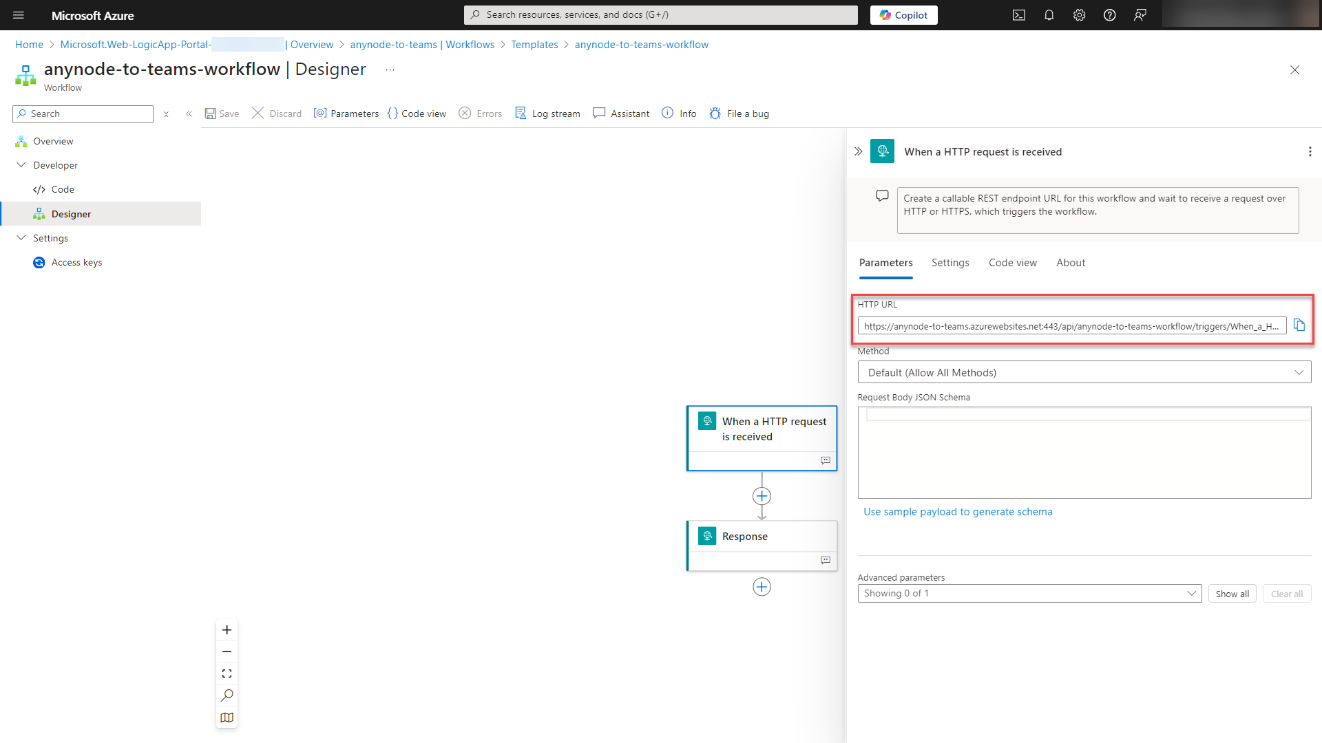 Screenshot: Microsoft Azure with Logic App and template parameters. 