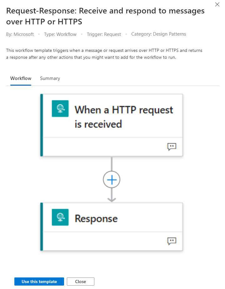 Screenshot: Microsoft Azure with Logic App and template workflow for: Receive and respond to messages over HTTP or HTTPS