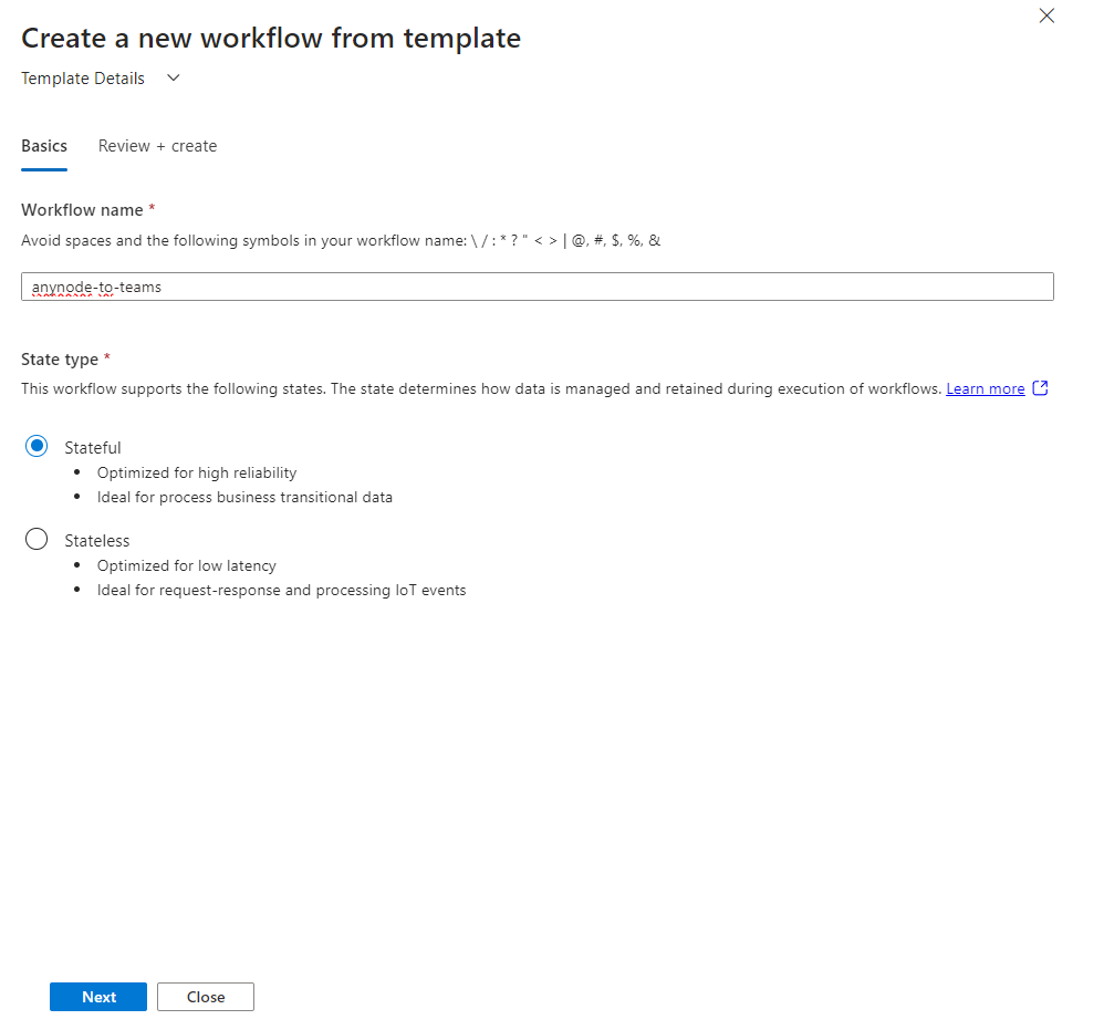 Screenshot: Microsoft Azure with Logic App and template workflow with basic settings. 
