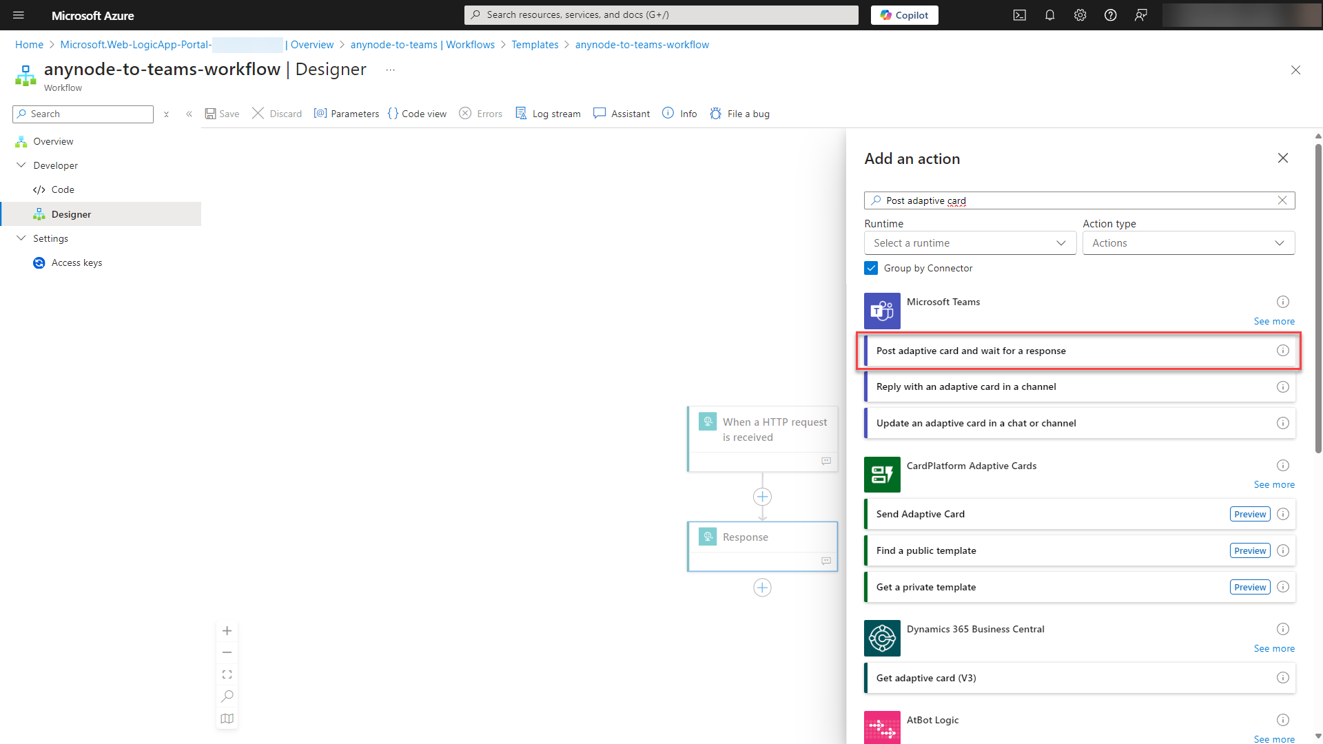 Screenshot: Microsoft Azure with Logic App and workflow with added action: Post adaptive card and wait for a response. 