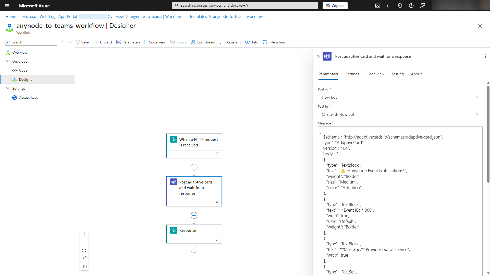 Screenshot: Microsoft Azure with Logic App and workflow with added action parameters. 