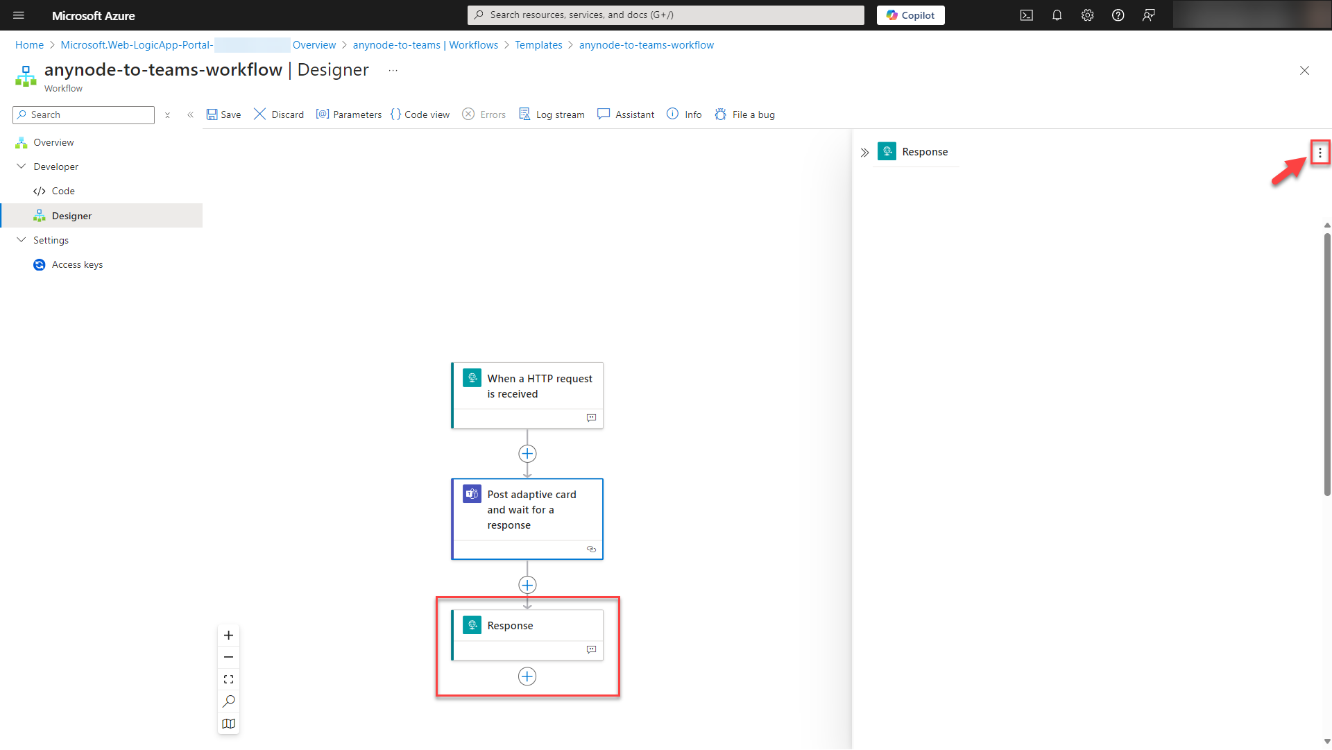 Screenshot: Microsoft Azure with Logic App and workflow with delete fuction.