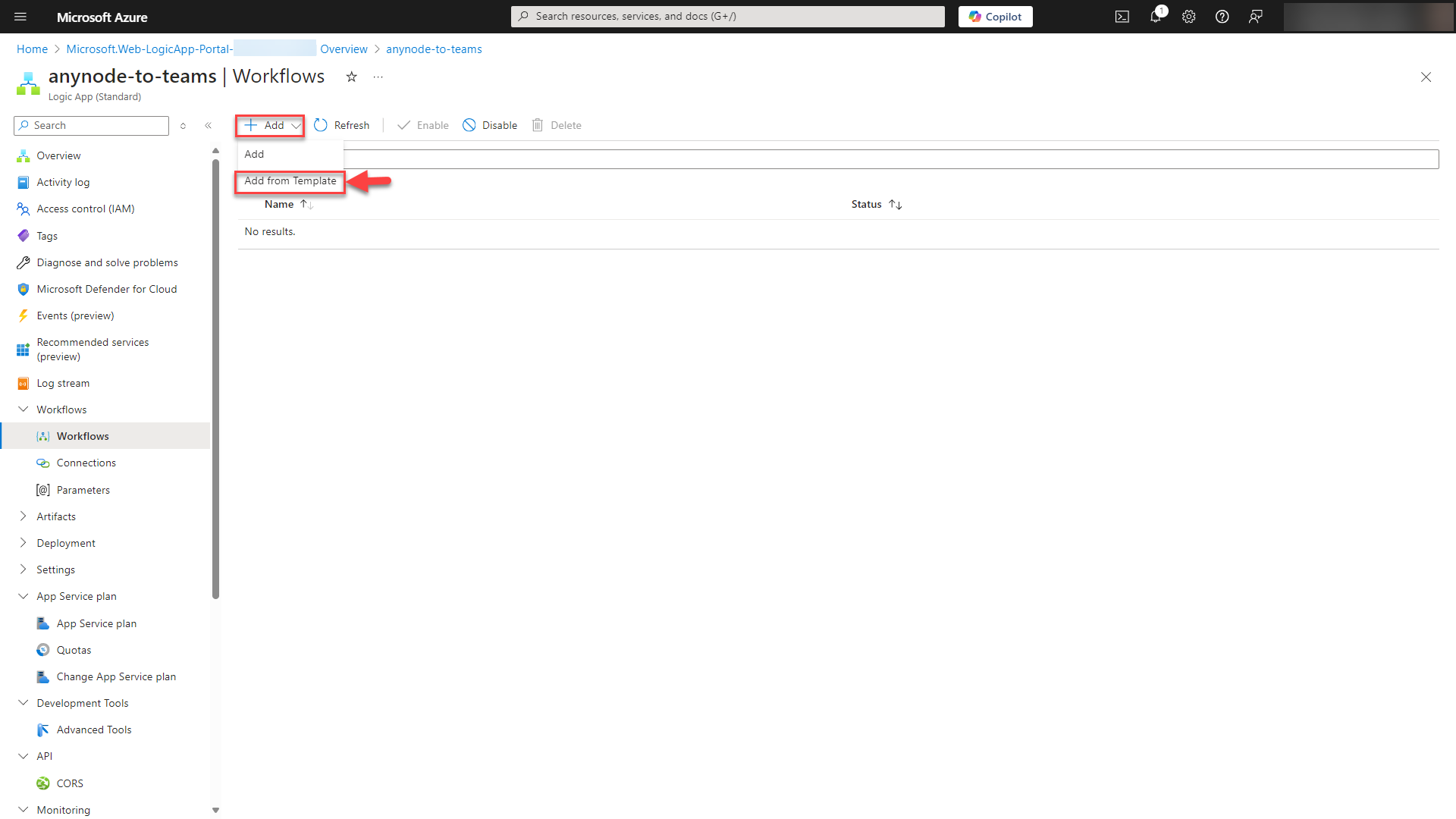 Screenshot: Microsoft Azure with Logic App and workflows with add from template function. 