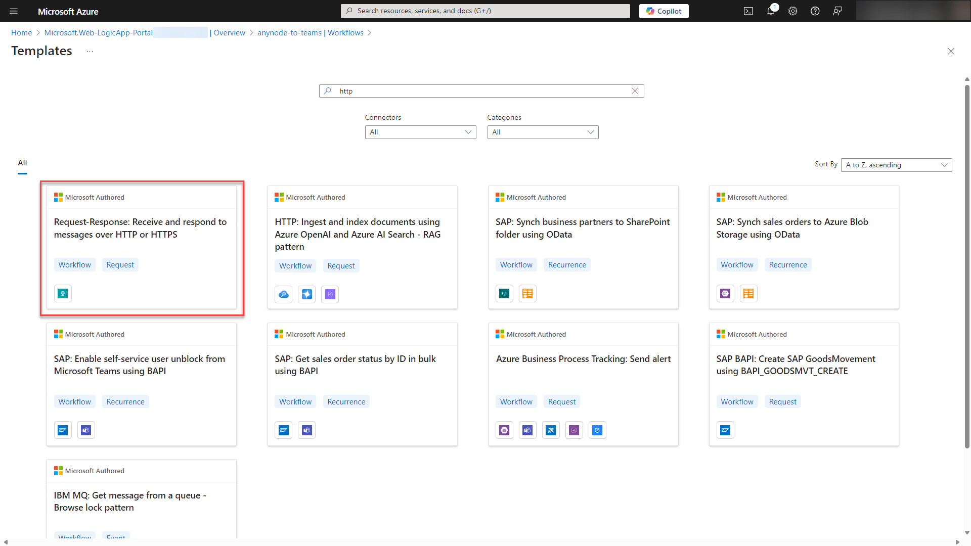 Screenshot: Microsoft Azure with Logic App and workflows with template: Receive and respond to messages over HTTP or HTTPS 