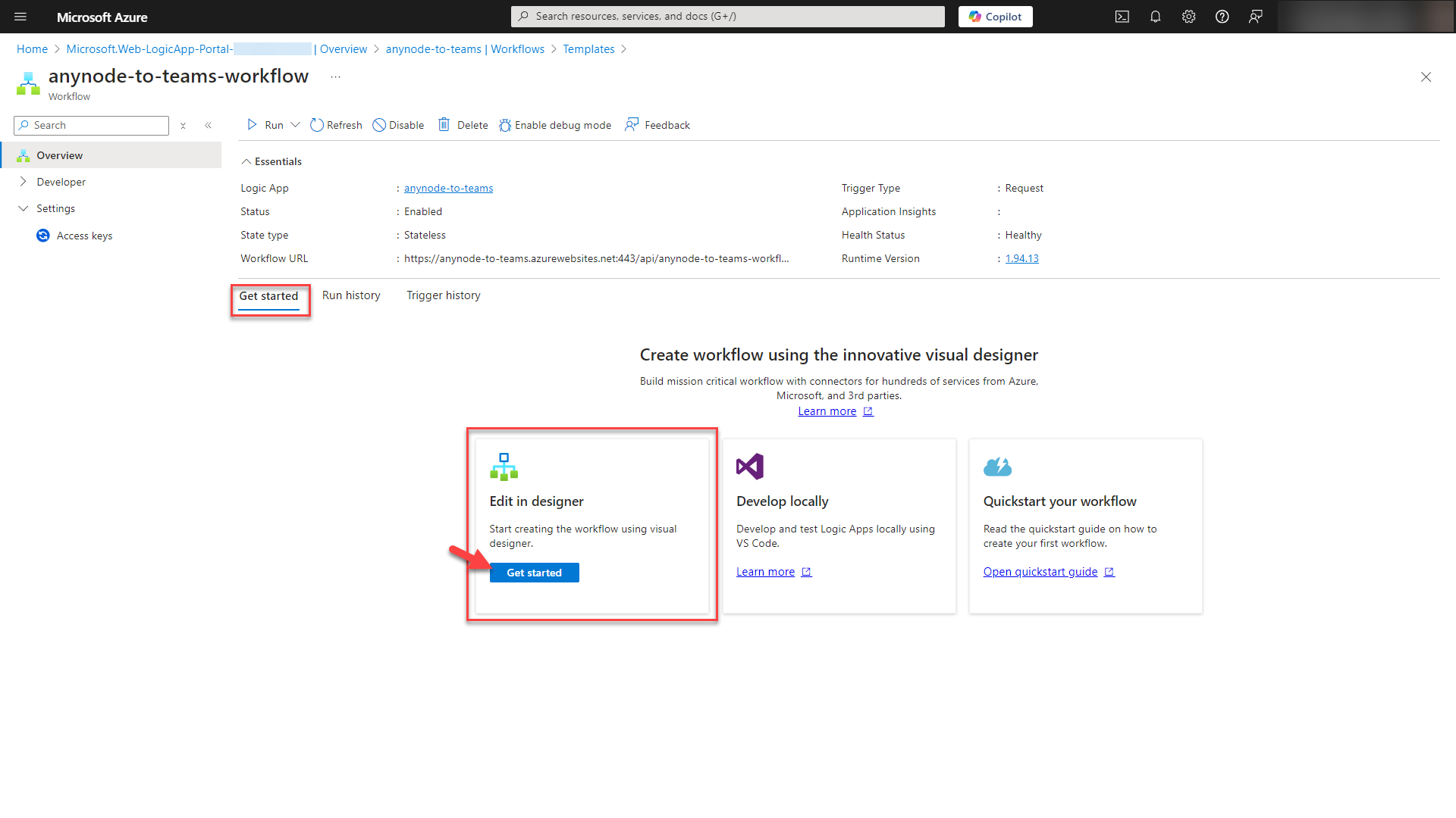 Screenshot: Microsoft Azure with Logic App workflow edit in designer function. 