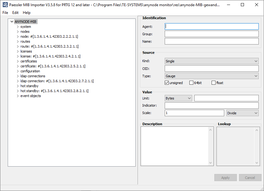 Screenshot: Paessler MIB Importer with imported anynode MIB file