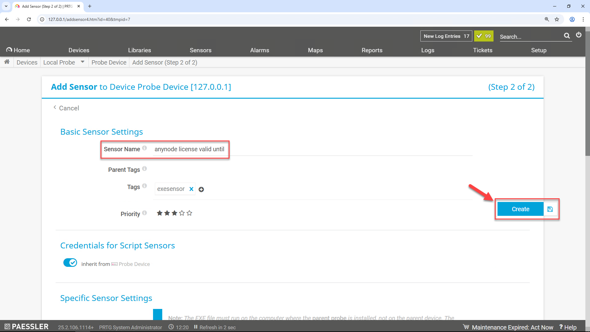 Screenshot: Paessler PRTG Network Monitor with add sensor and basic sensor  
