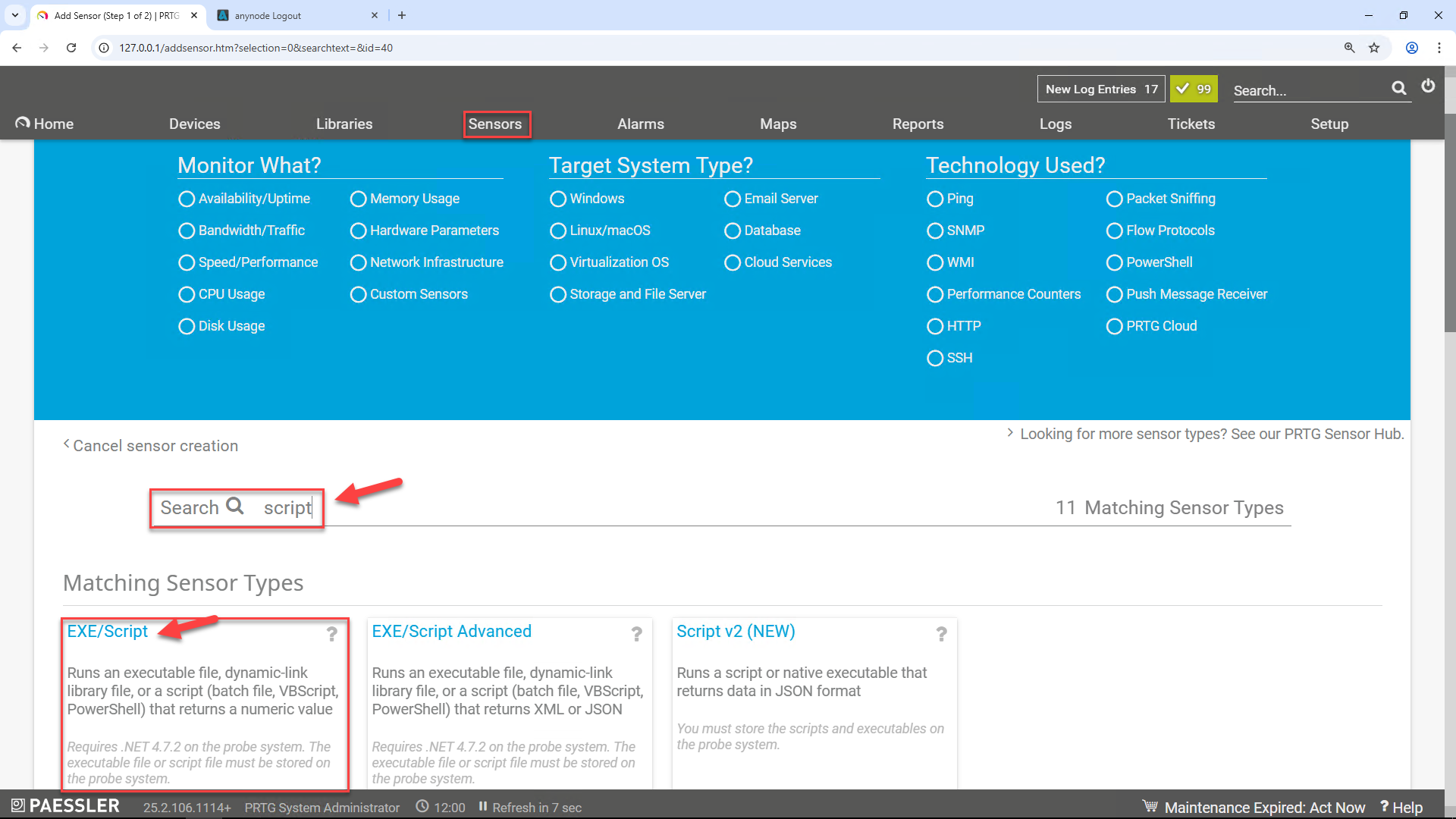 Screenshot: Paessler PRTG Network Monitor with add sensor and matching sensor types overview. 