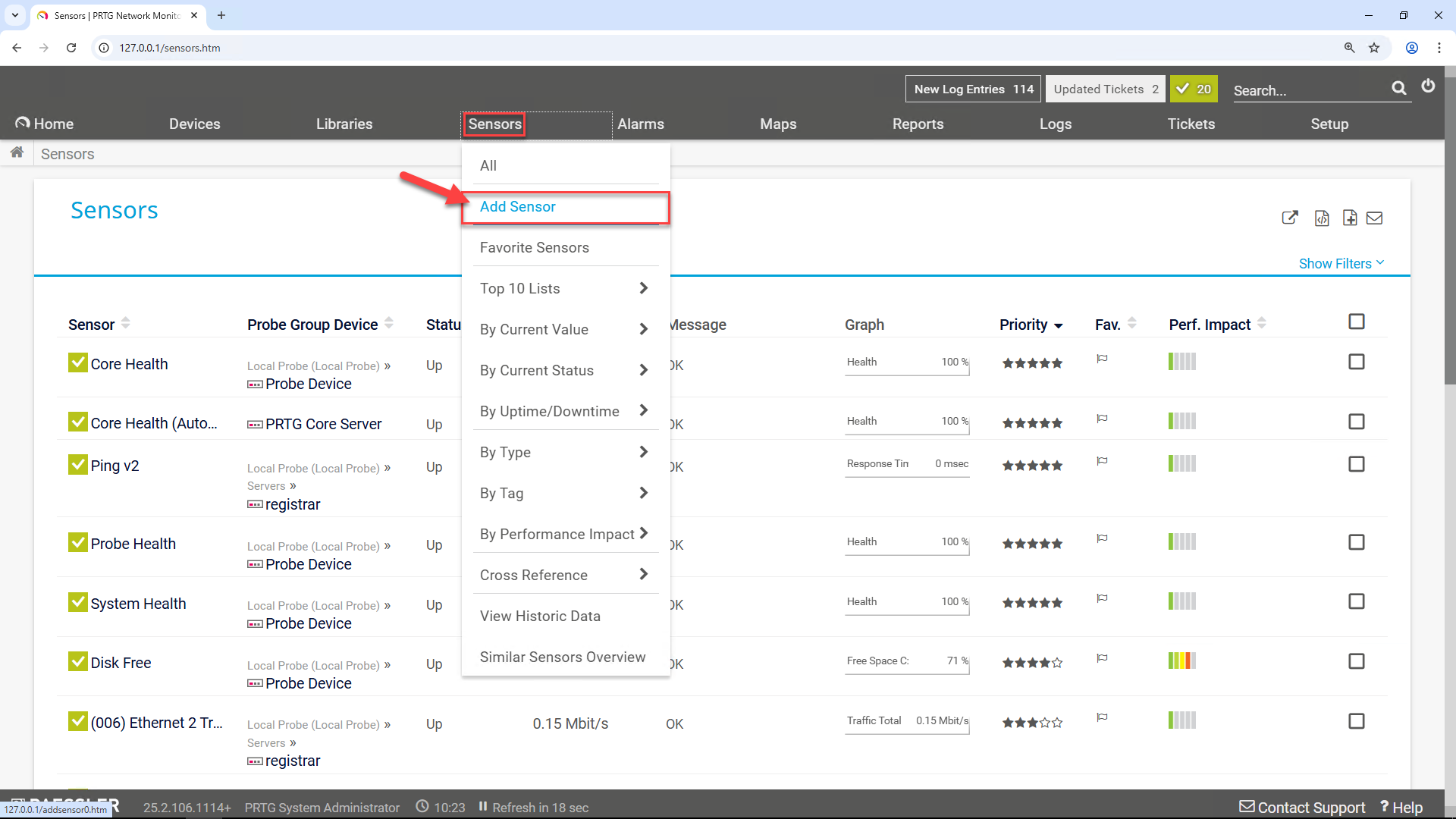 Screenshot: Paessler PRTG Network Monitor with add sensor function. 