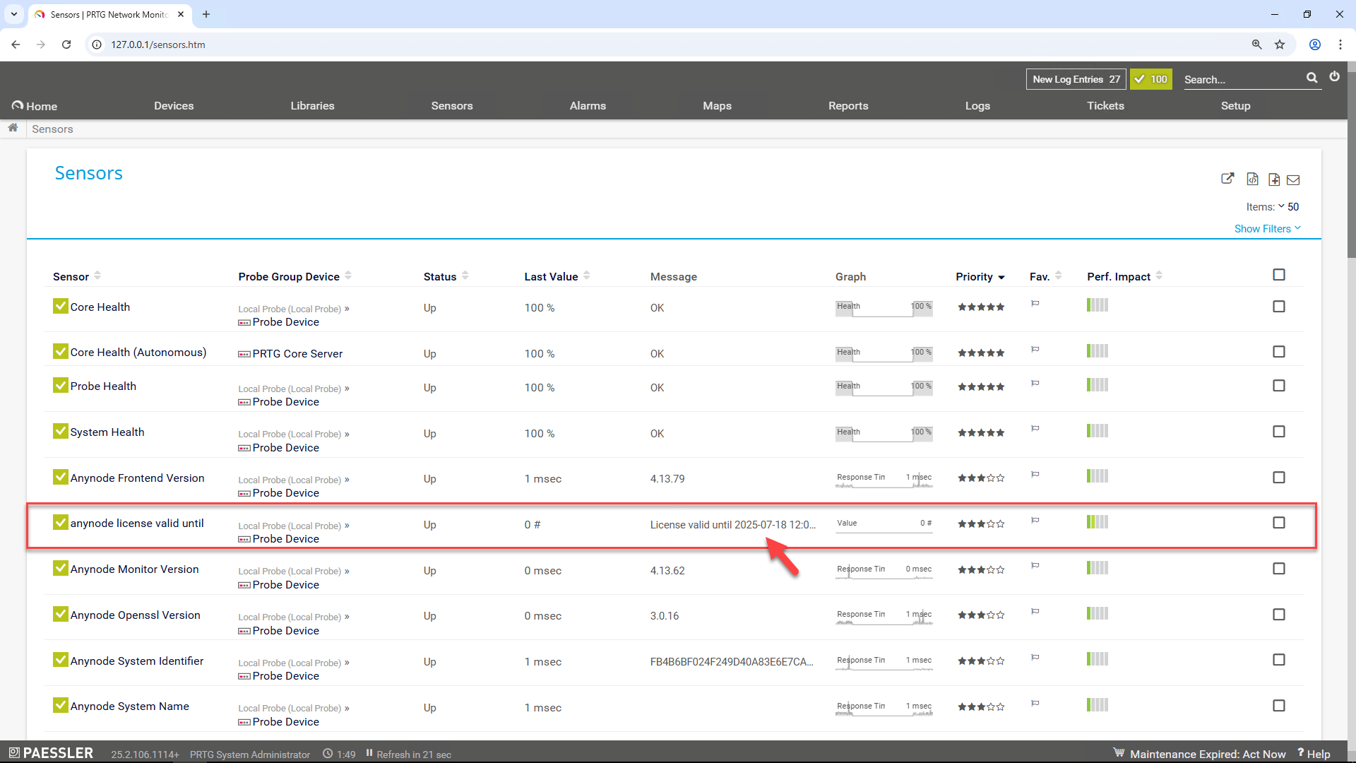 Screenshot: Paessler PRTG Network Monitor with added custom script sensor for anynode license data. 