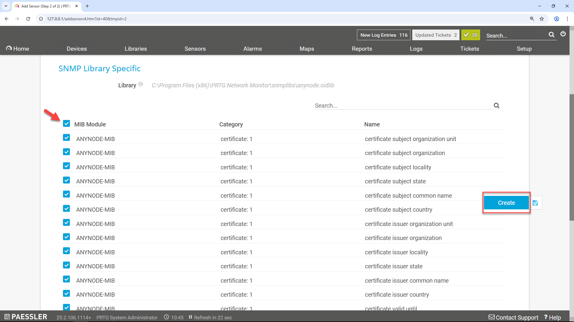 Screenshot: Paessler PRTG Network Monitor with anynode SNMP library. 