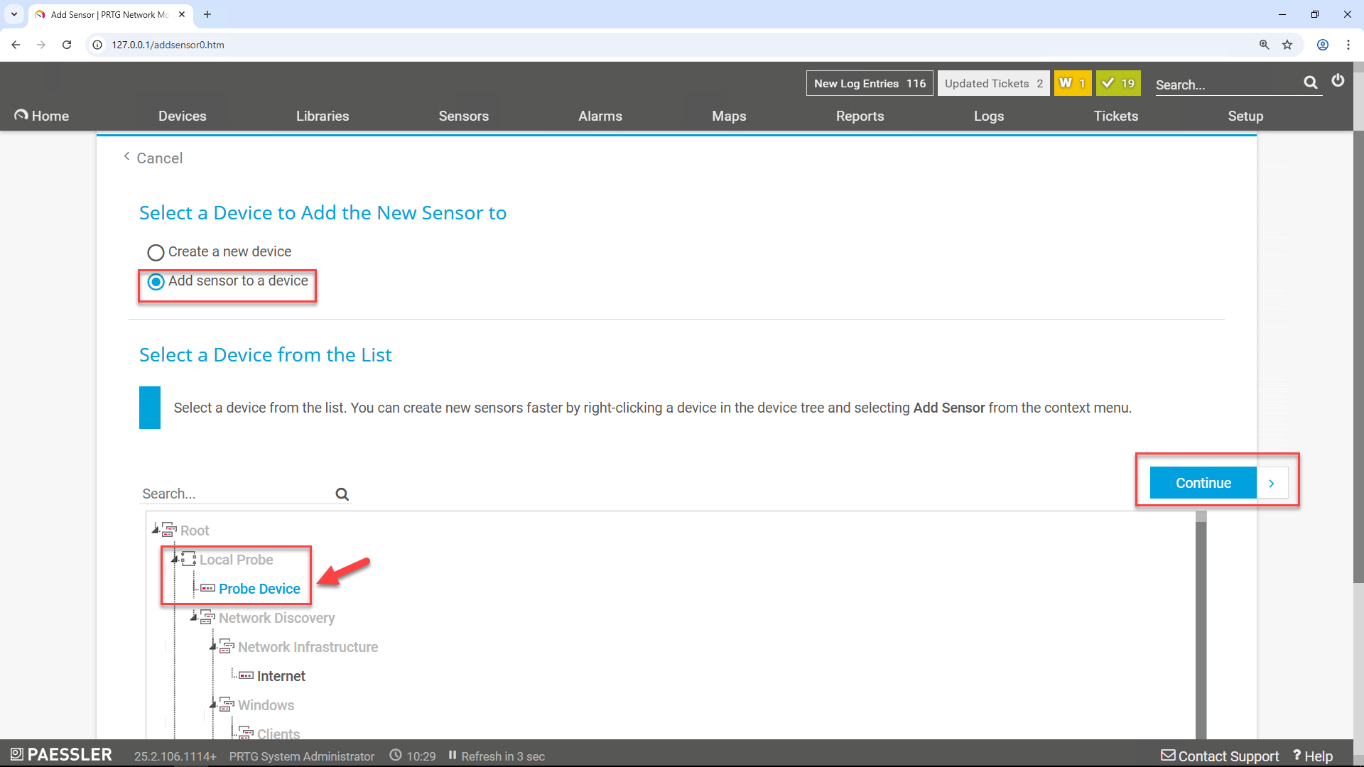 Screenshot: Paessler PRTG Network Monitor with device selection. 