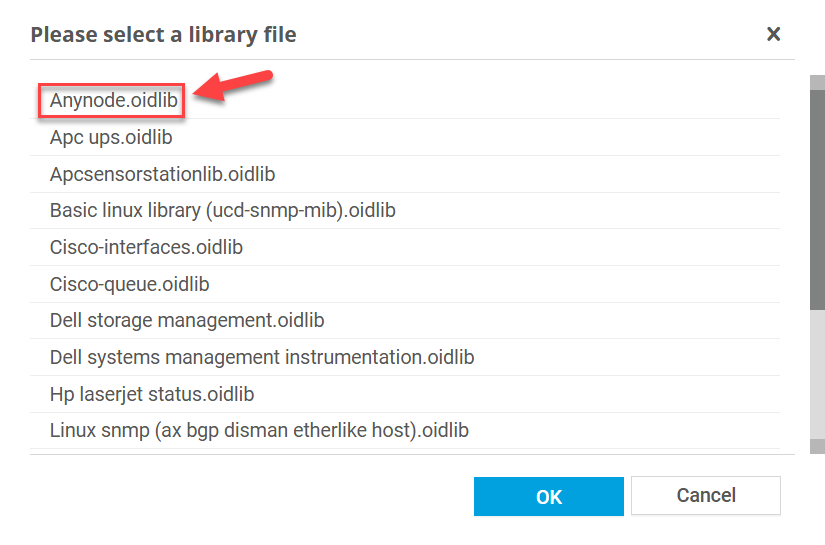 Screenshot: Paessler PRTG Network Monitor with library file selection. 