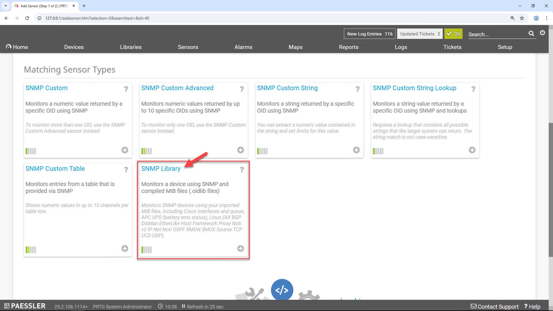 Screenshot: Paessler PRTG Network Monitor with matching sensor types.  