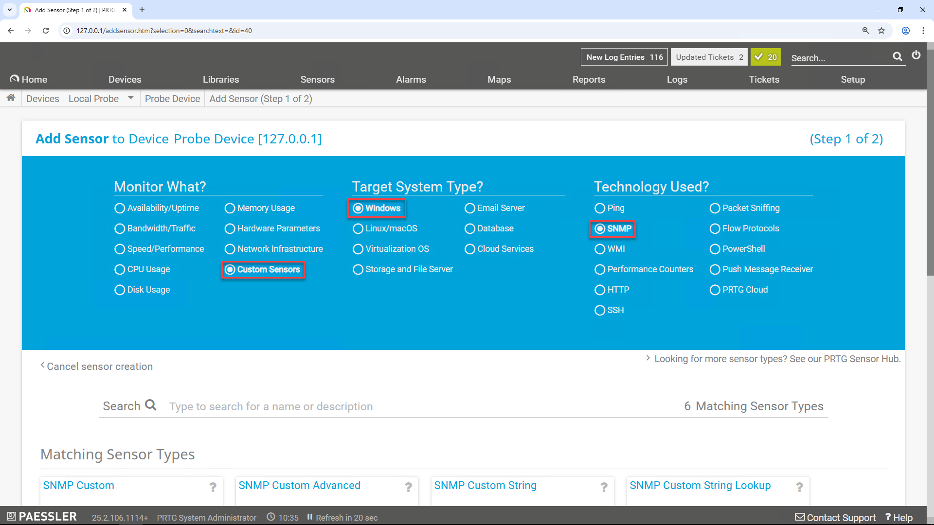 Screenshot: Paessler PRTG Network Monitor with sensor creation. 