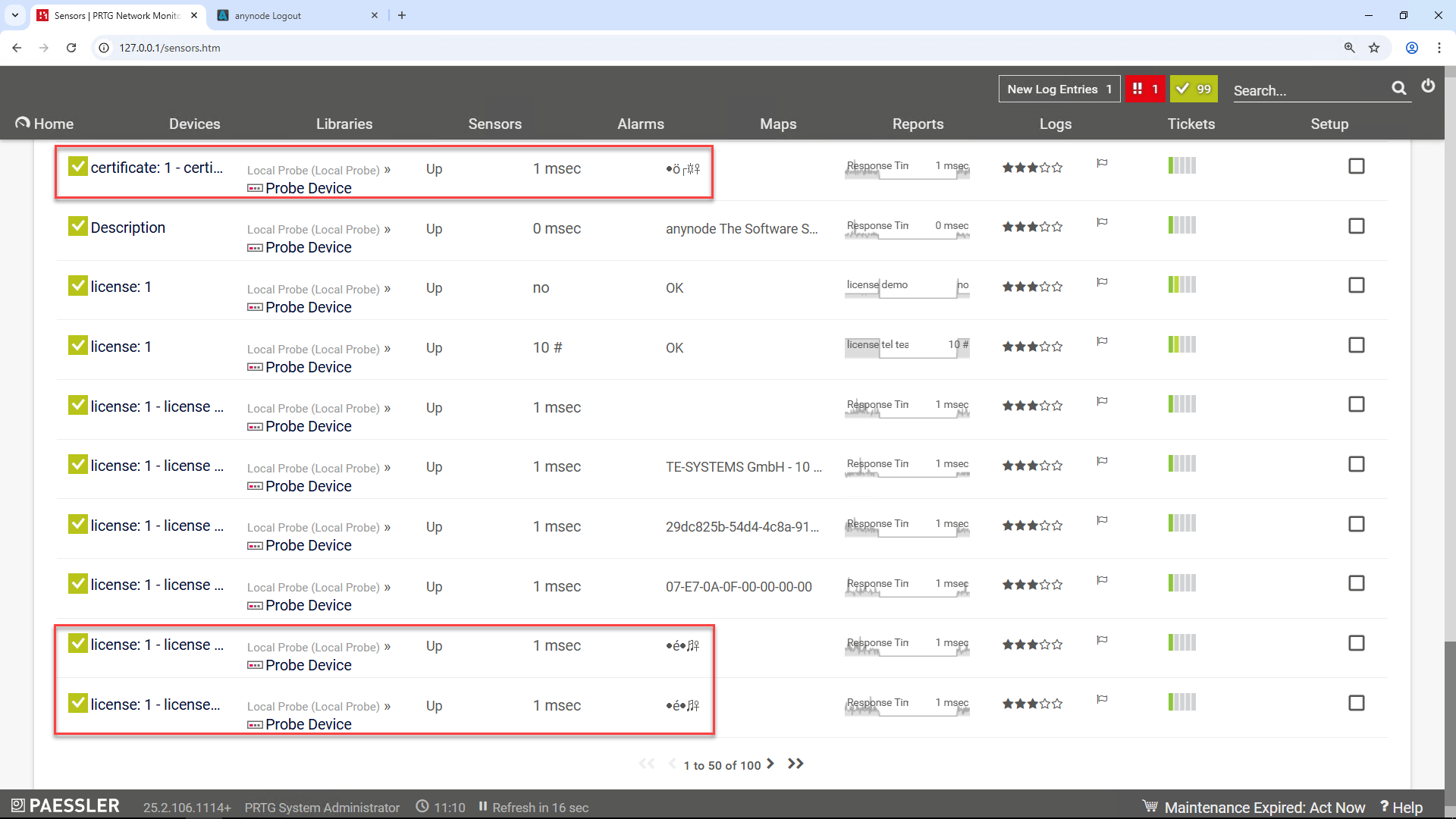 Screenshot: PRTG Network Monitor with sensors overview and anynode SNMP date/time queries. 