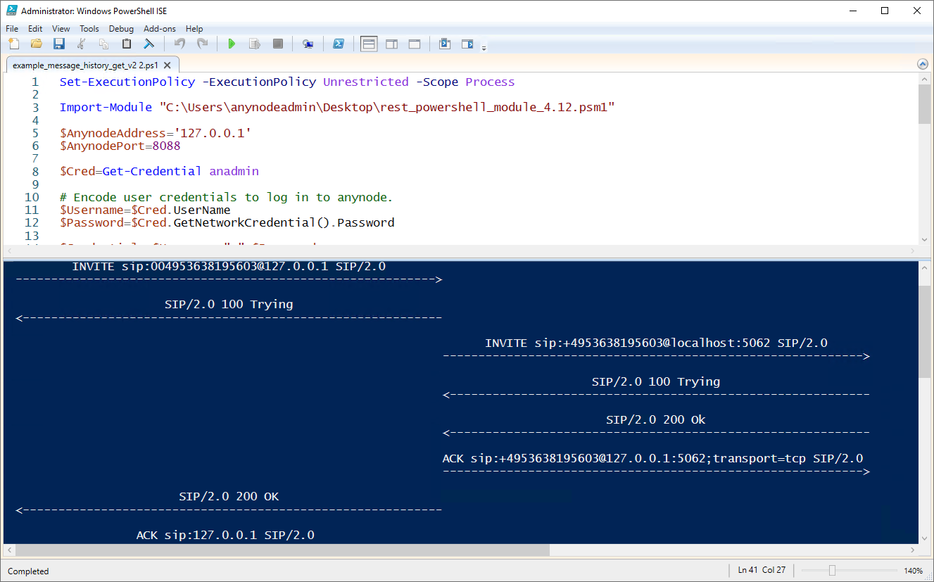 Screenshot: Retrieval of the saved SIP flow from the call history of anynode - The Software SBC via the REST API interface with a PowerShell script. Various options are possible for the format, e.g. PCAP. 