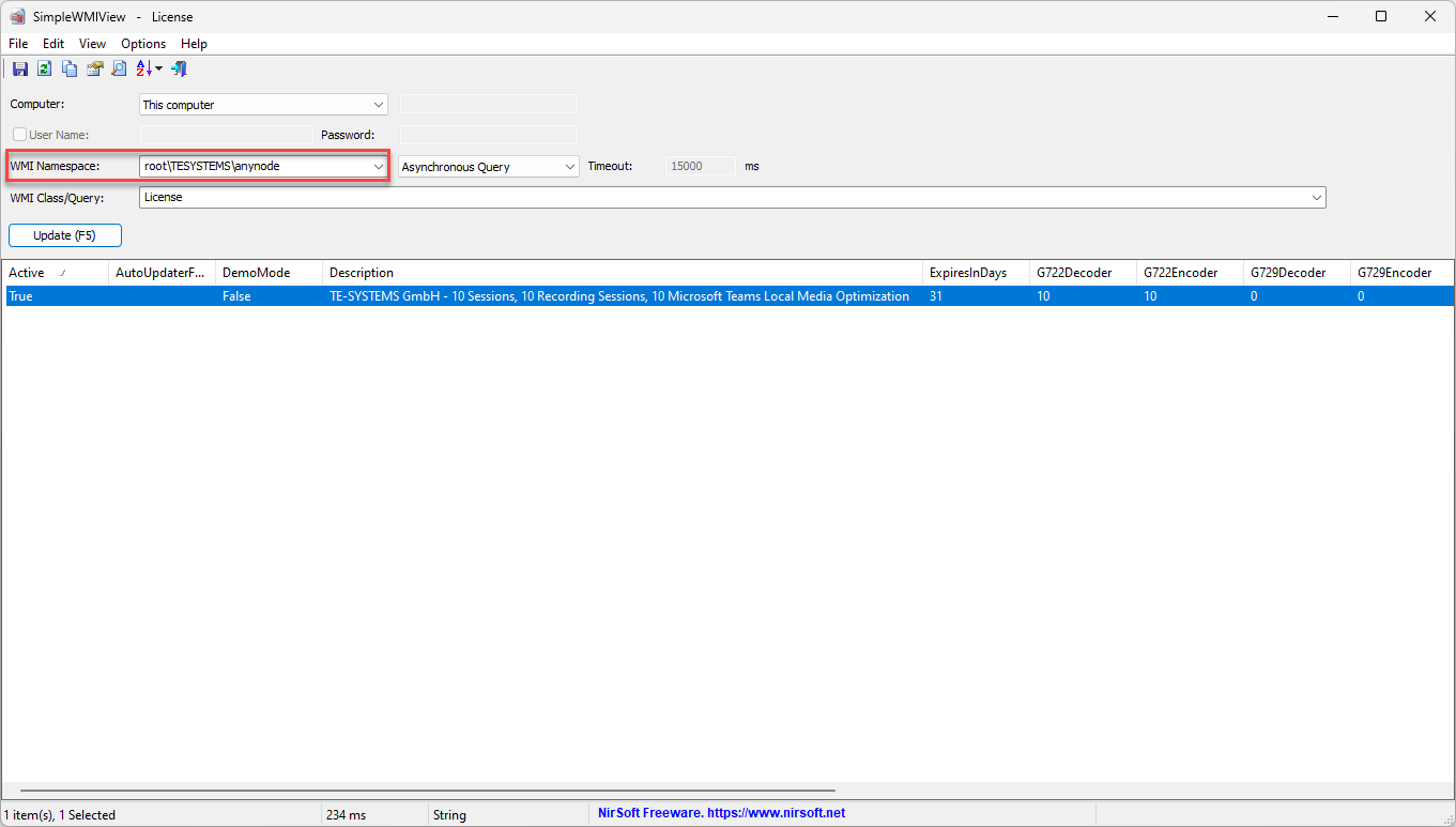 Screenshot: SimpleWMIView with configured WMI namespace and license query.