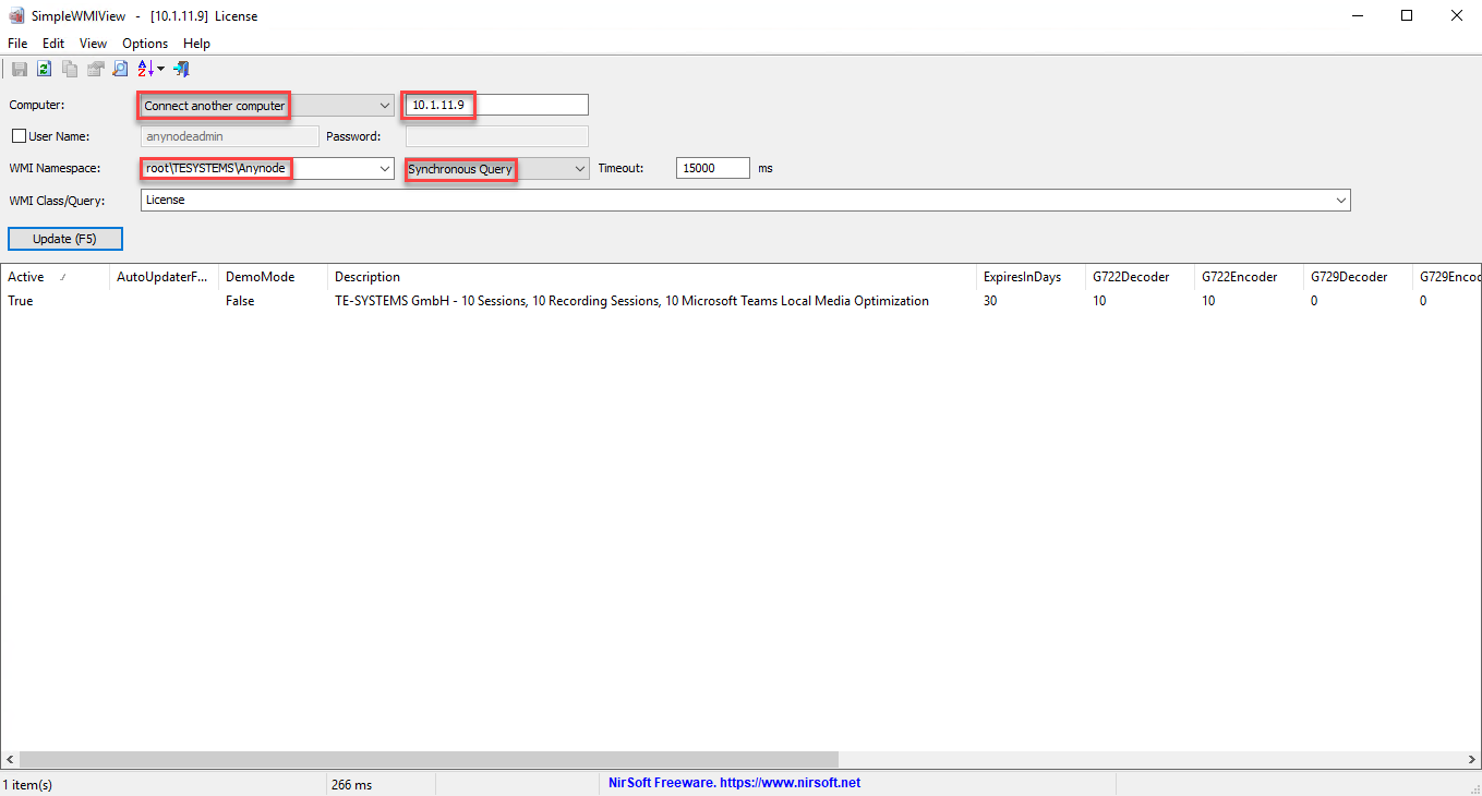 Screenshot: SimpleWMIView with WMI remote access to anynode and license query. 