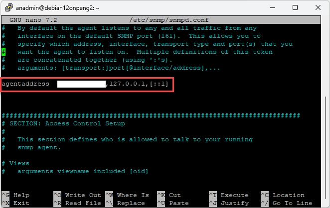 Screenshot: SNMP daemon configuration file on Linux / Debian 12 with editing of agentaddress.