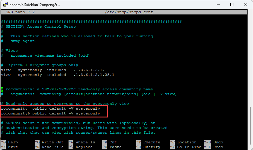 Screenshot: SNMP daemon configuration file on Linux / Debian 12 with editing of rocommunity line.