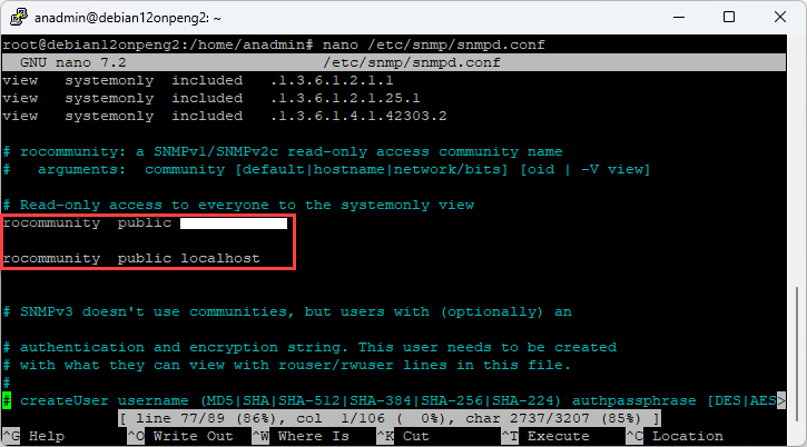 Screenshot: SNMP daemon configuration file on Linux / Debian 12 with editing of rocommunity line and access settings.