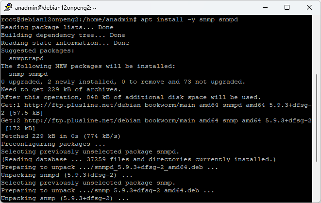 Screenshot: SNMP installation on Linux / Debian 12.