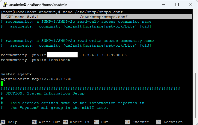 Screenshot: SNMP installation on RHEL and edited configuration file. 