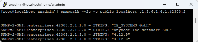 Screenshot: SNMP installation on RHEL and test of the SNMP service with snmpwalk. 