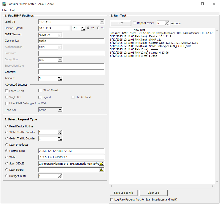Screenshot: SNMP query of the anynode version number with Paessler SNMP Tester. 