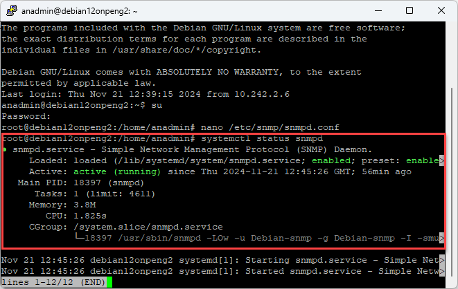 Screenshot: SNMP status verification under Linux / Debian 12.
