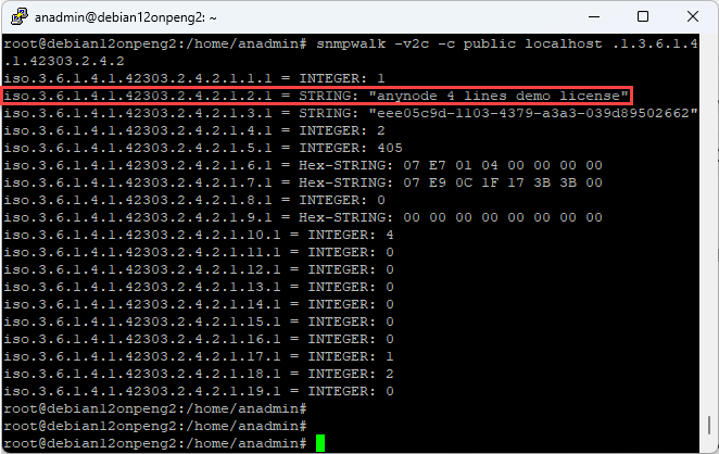 Screenshot: snmpwalk query for anynode license data under Linux / Debian 12.