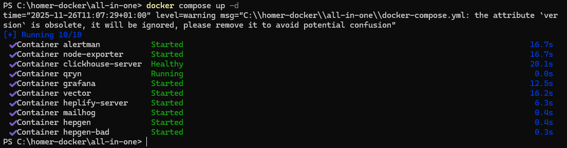 Screenshot: Successful startup of all Homer all-in-one containers after running docker compose up -d on Windows