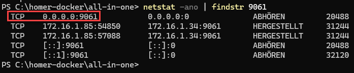 Screenshot: Verifying that the HEP TCP port 9061 is listening on all interfaces using netstat in PowerShell.