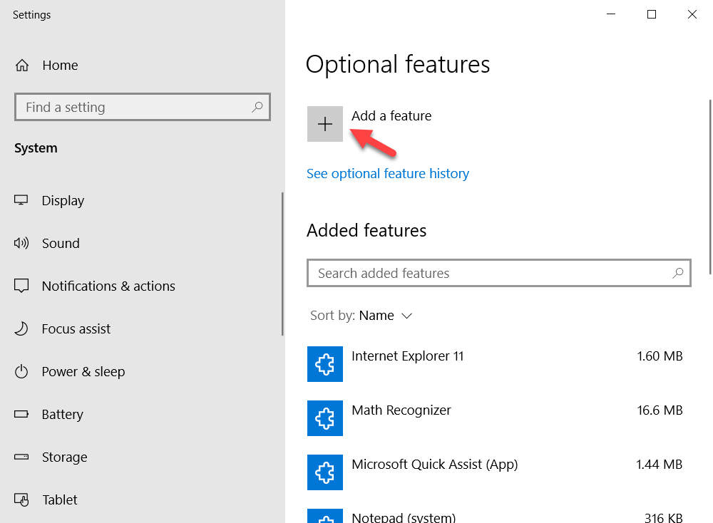 Screenshot: Windows 10 settings and optional features with add a feature function.