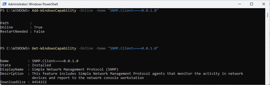 Screenshot: Windows 11 PowerShell with SNMP service installation.