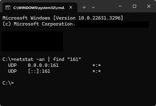 Screenshot: Windows CMD with netstat to verify SNMP listening ports. 