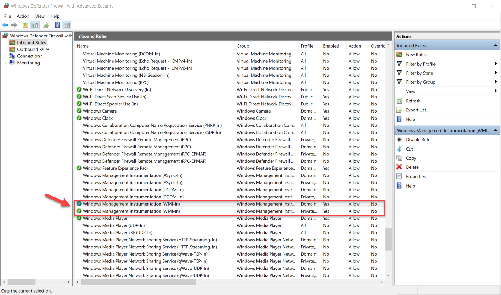 Screenshot: Windows Defender Firewall with Advanced Security and WMI-In rule 