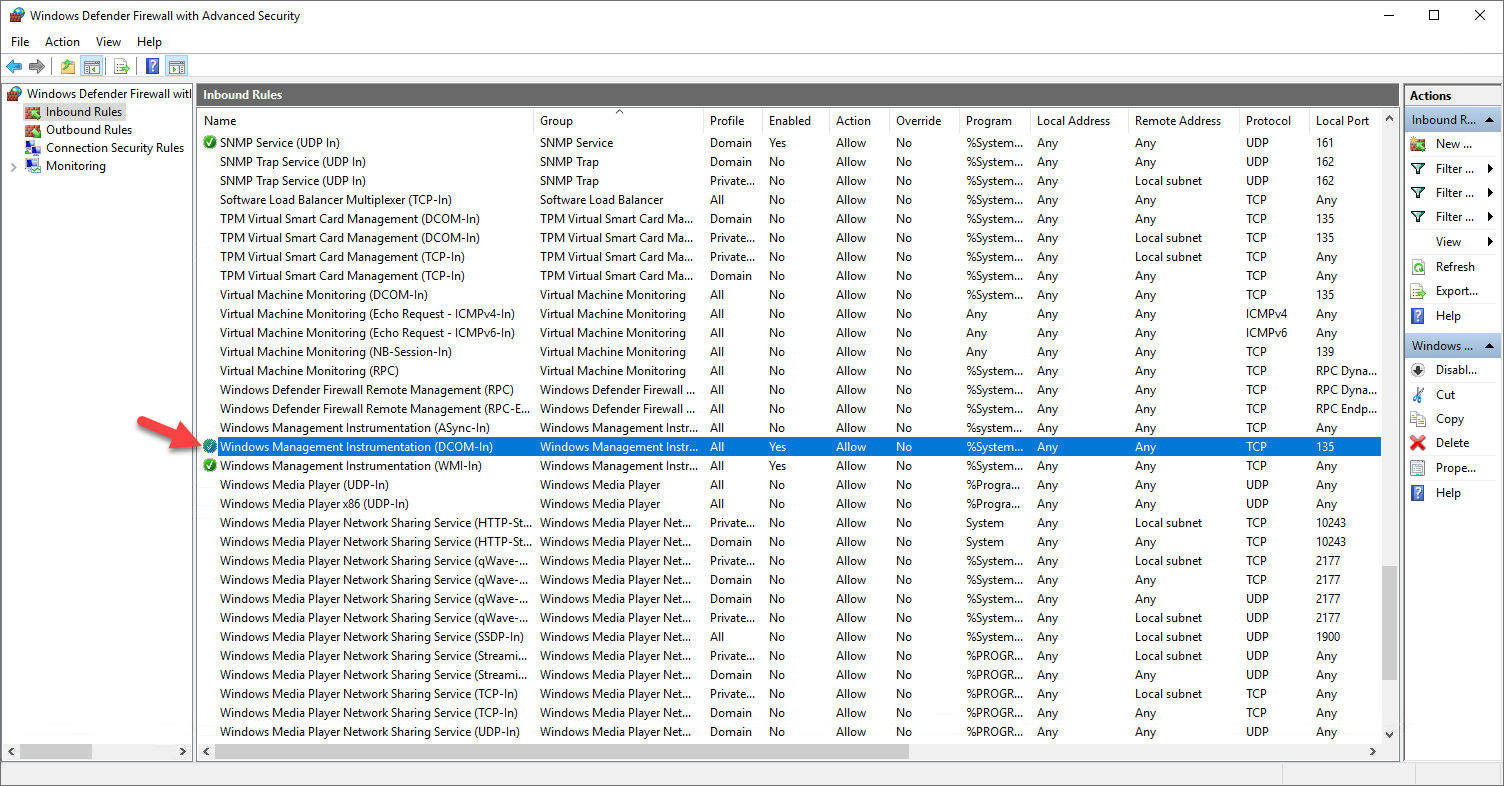 Screenshot: Windows Defender Firewall with Advanced Security Inbound Rules with Windows Management Instrumentation (DCOM-In) rule.  